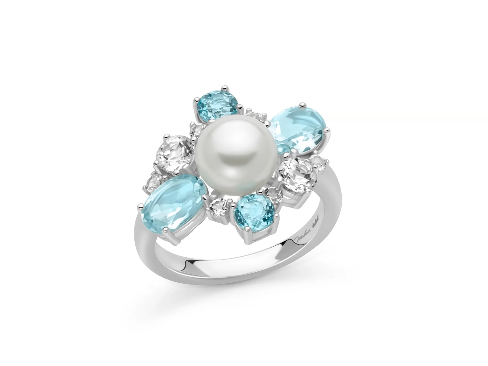 Anello Celestia con perla Oriente, quattro Gemma del Cielo e topazi bianchi.