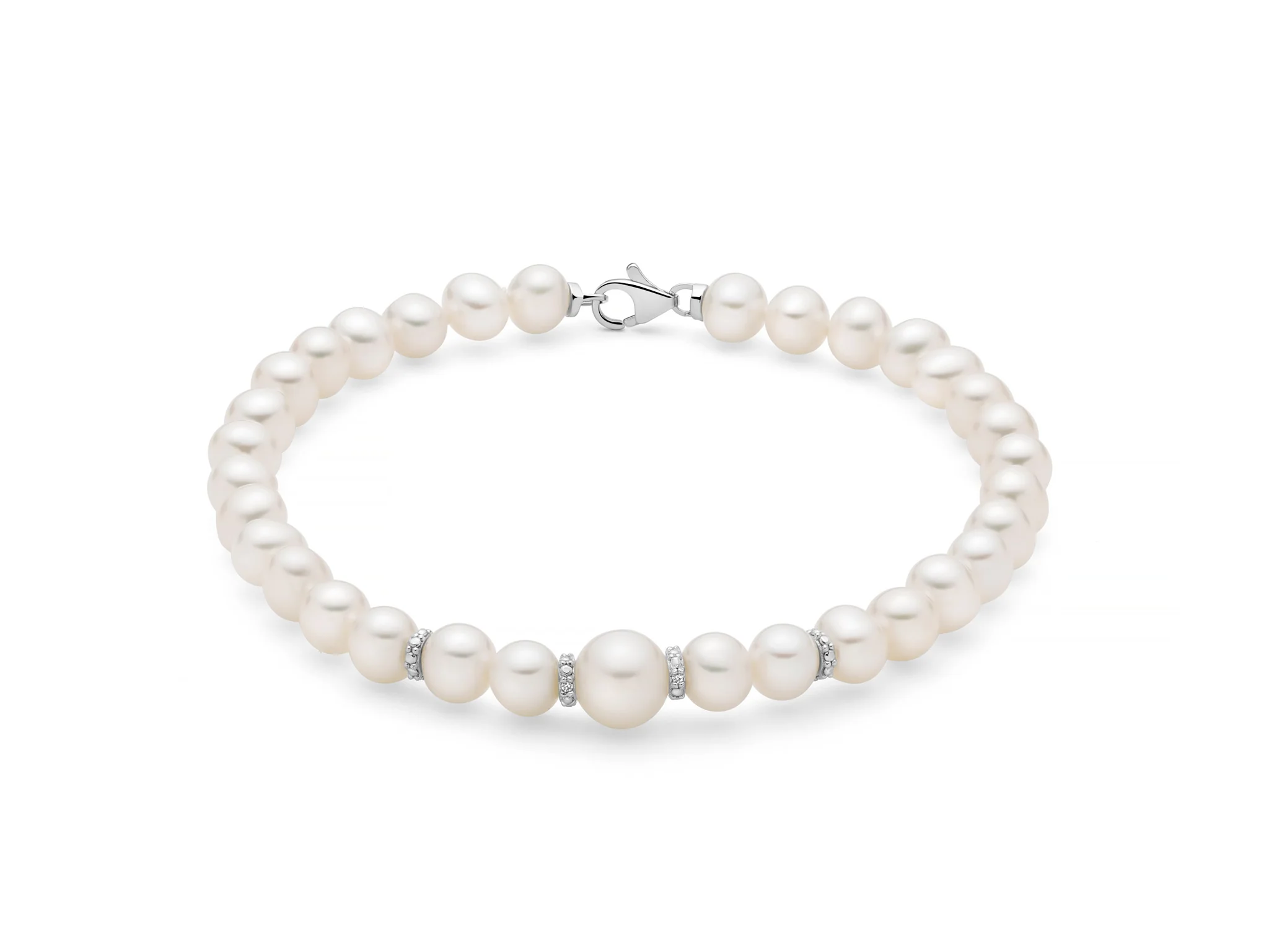 Bracciale di perle Oriente con quattro distanziali in oro bianco e diamanti