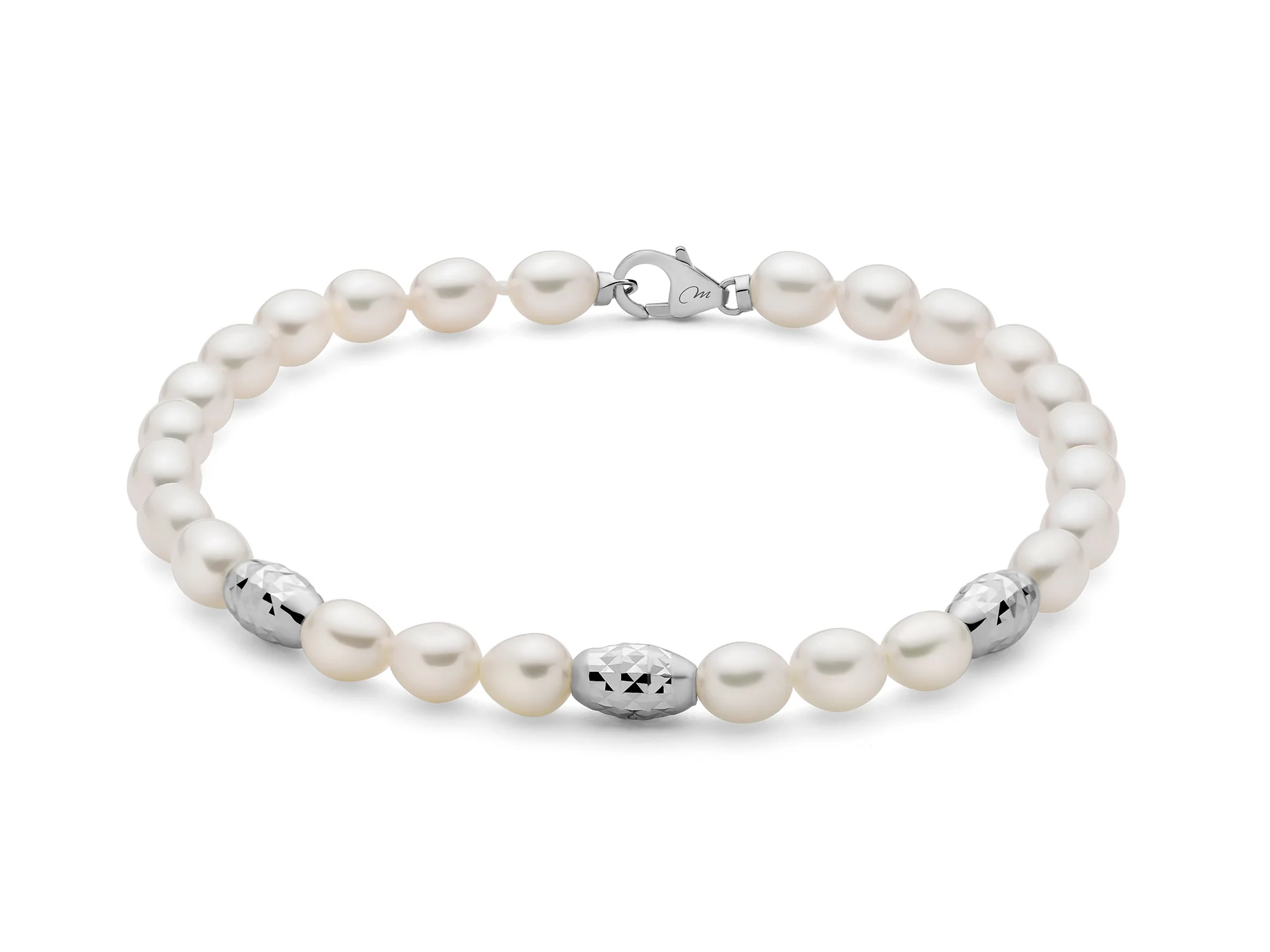 Bracciale Pepite di perle 5-5,5 con tre elementi in argento diamantato