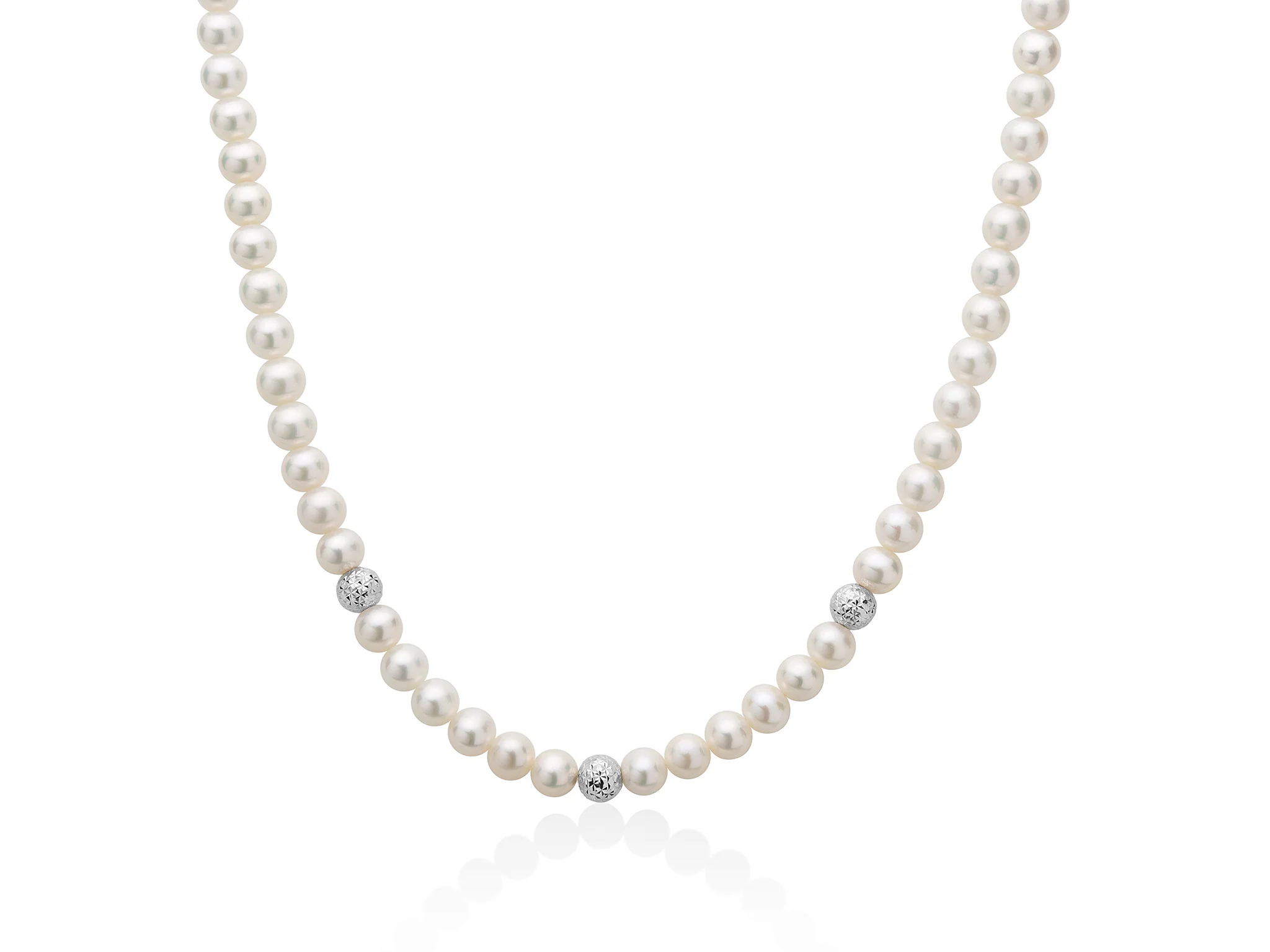 Collana di perle Oriente con tre sfere in oro bianco sfaccettate