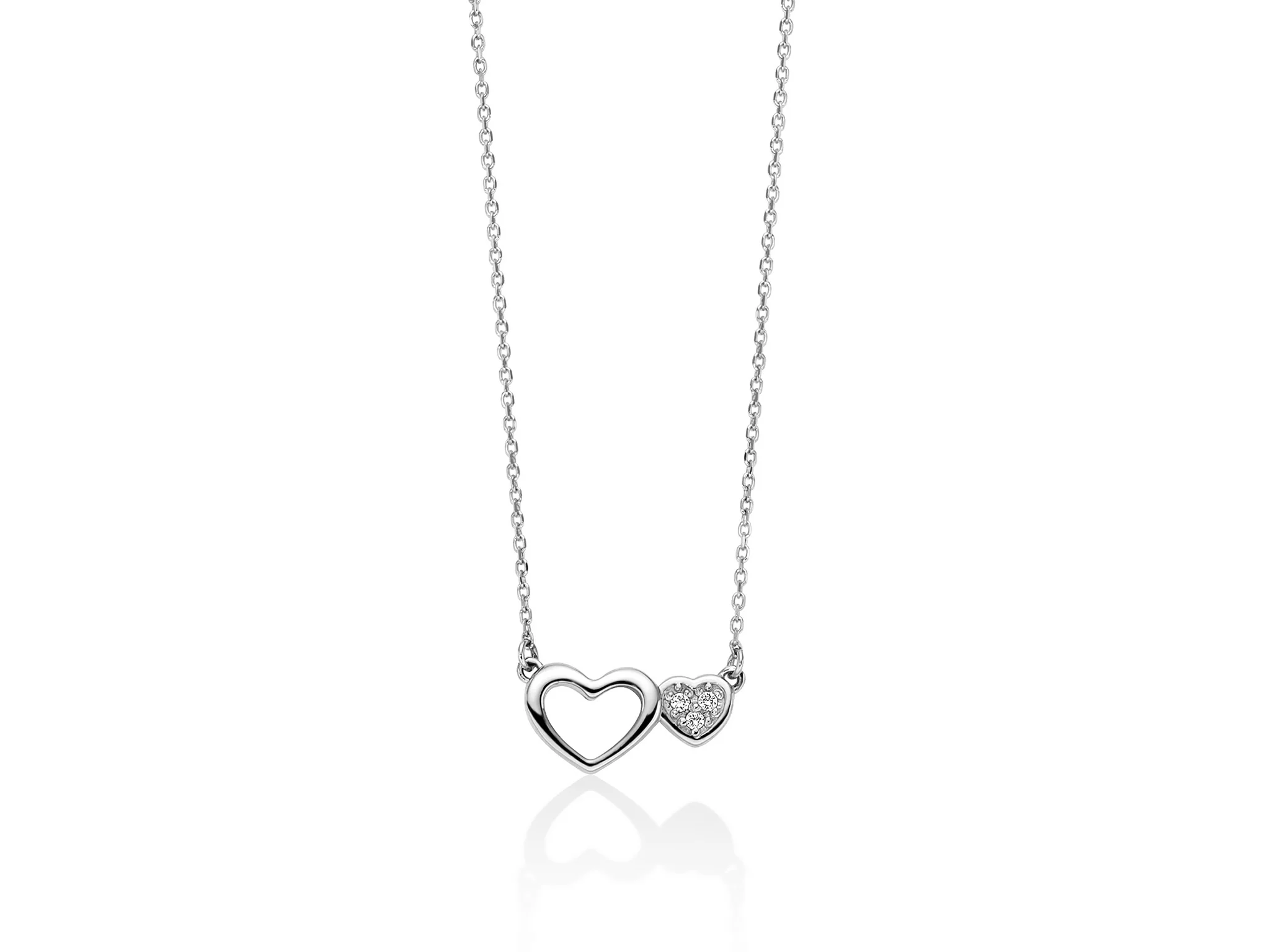 Collana in oro bianco 375 e due cuori centrali con diamanti