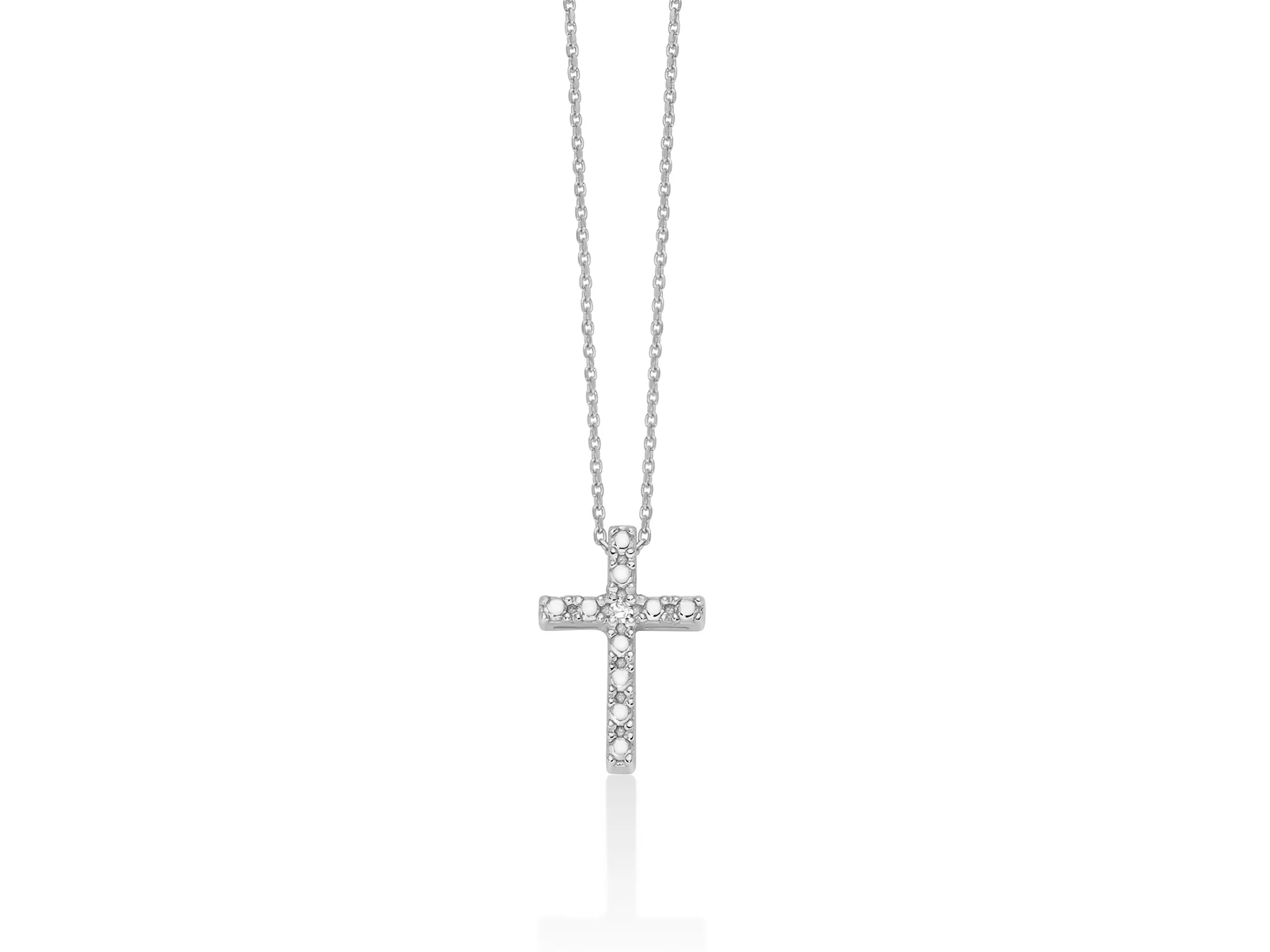 Collana in oro bianco 375 e pendente a croce 9x13 con diamante